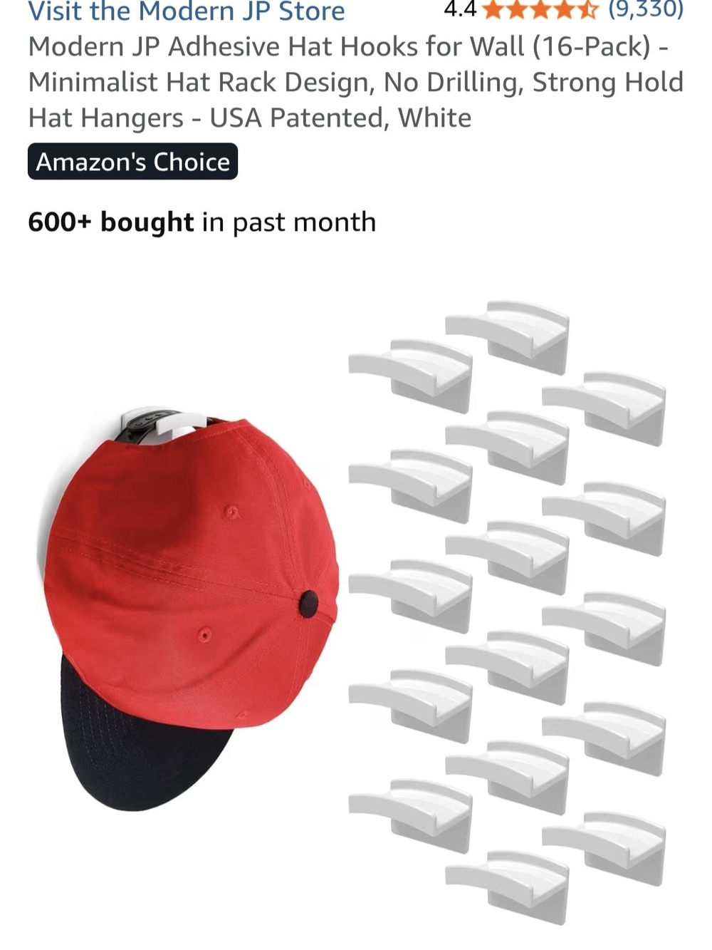 Adhesive Hat Hooks (4-Pack) with Red/Black Baseball Cap